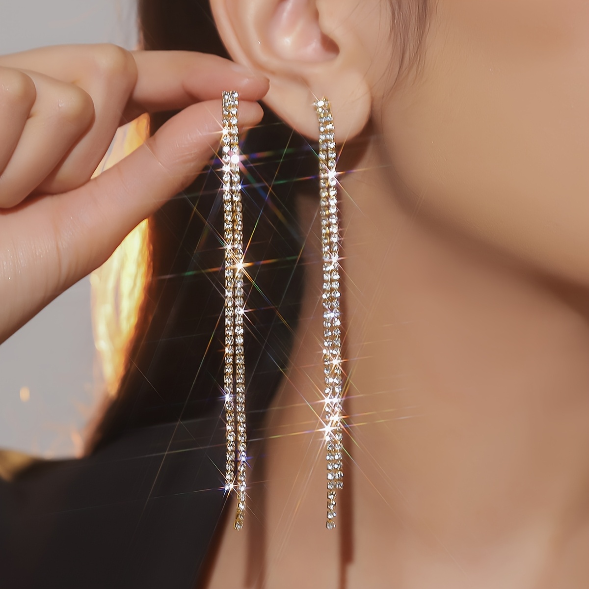 Korean Style Long Rhinestone Tassel Earrings, Fashion Accessory